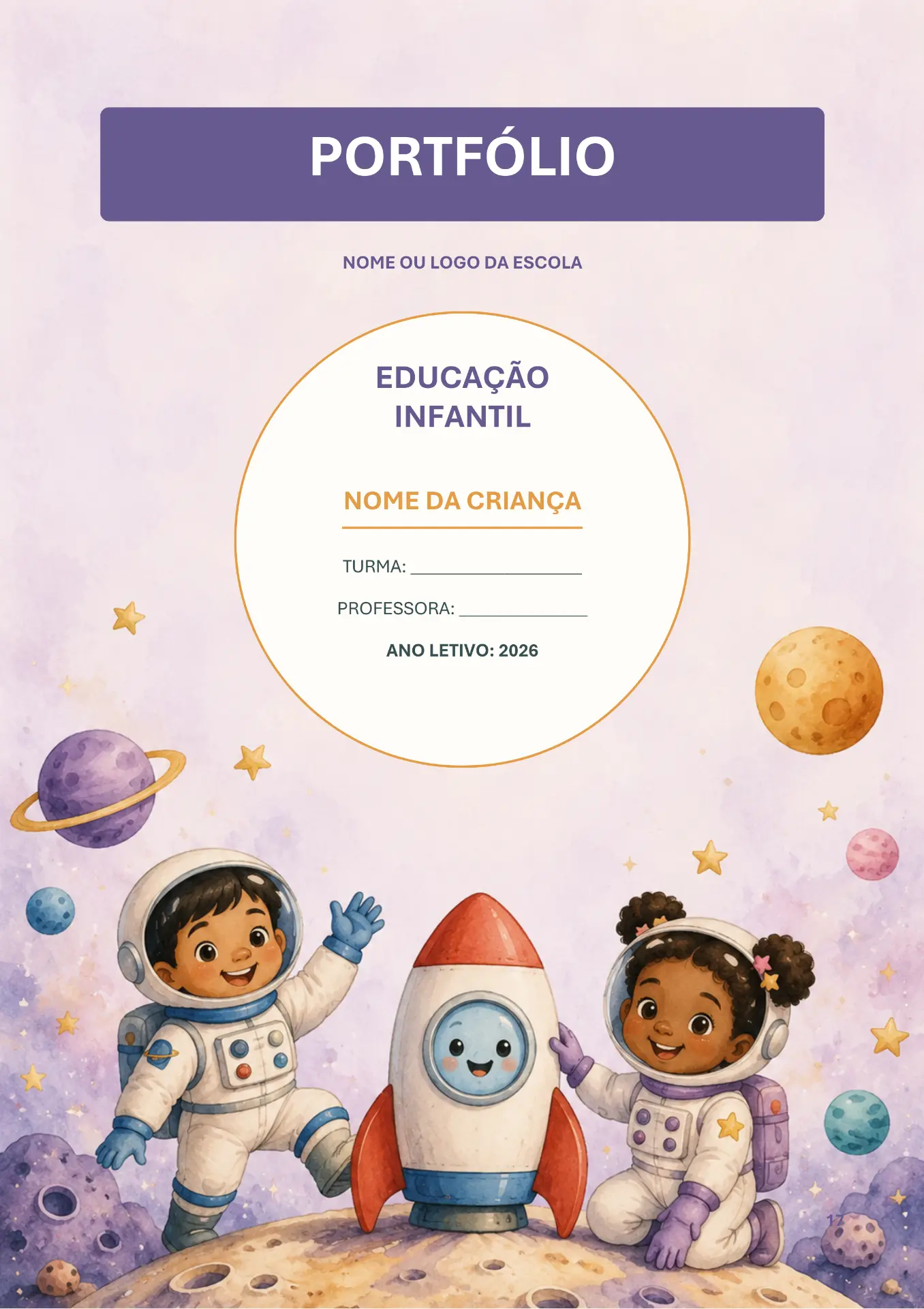 Capa de portfólio com tema espaço e foguete