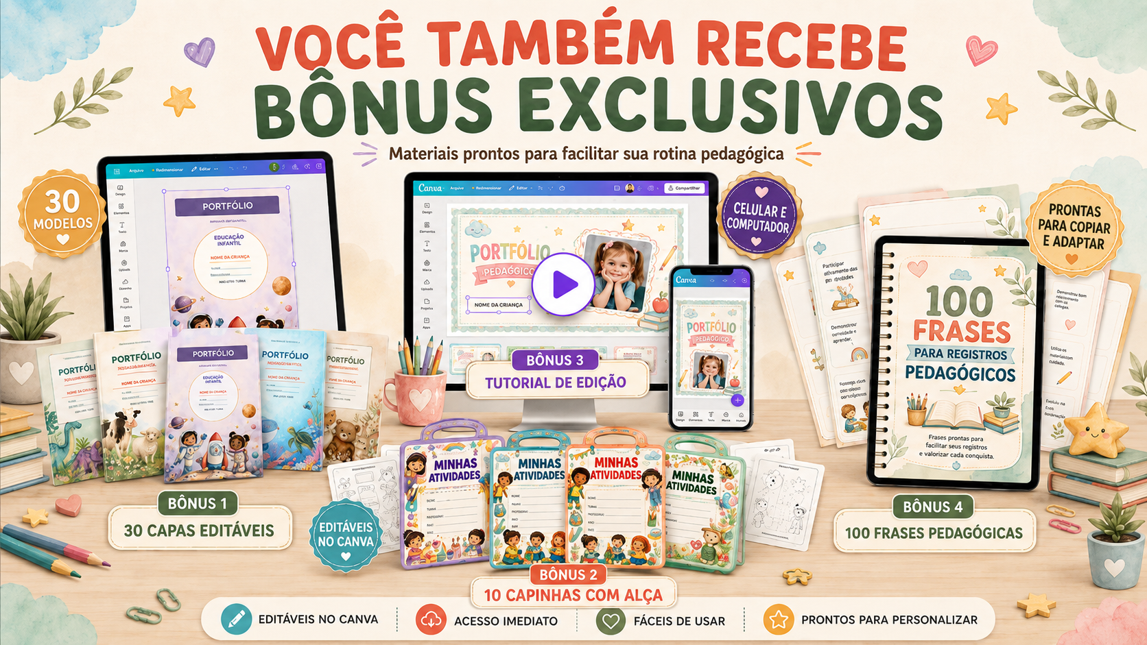 Bônus exclusivos: 30 capas editáveis, 10 capinhas com alça, tutorial de edição e 100 frases pedagógicas