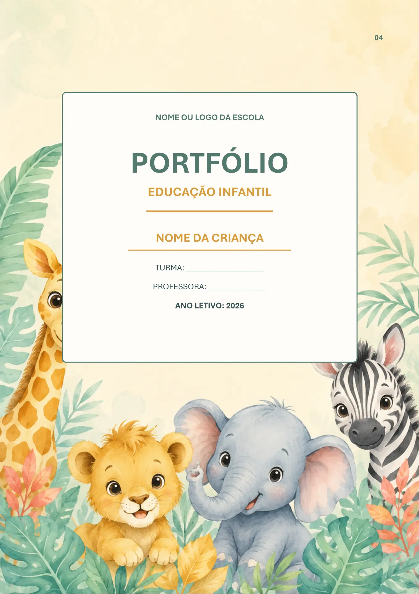 Capa de portfólio com bichinhos do safári