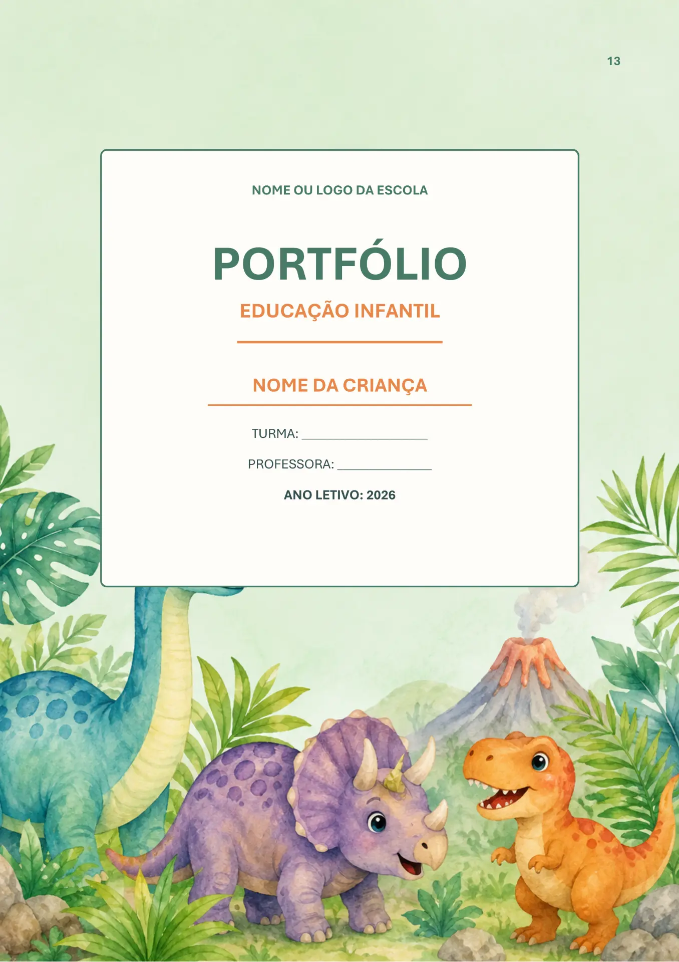 Capa de portfólio com tema dinossauros