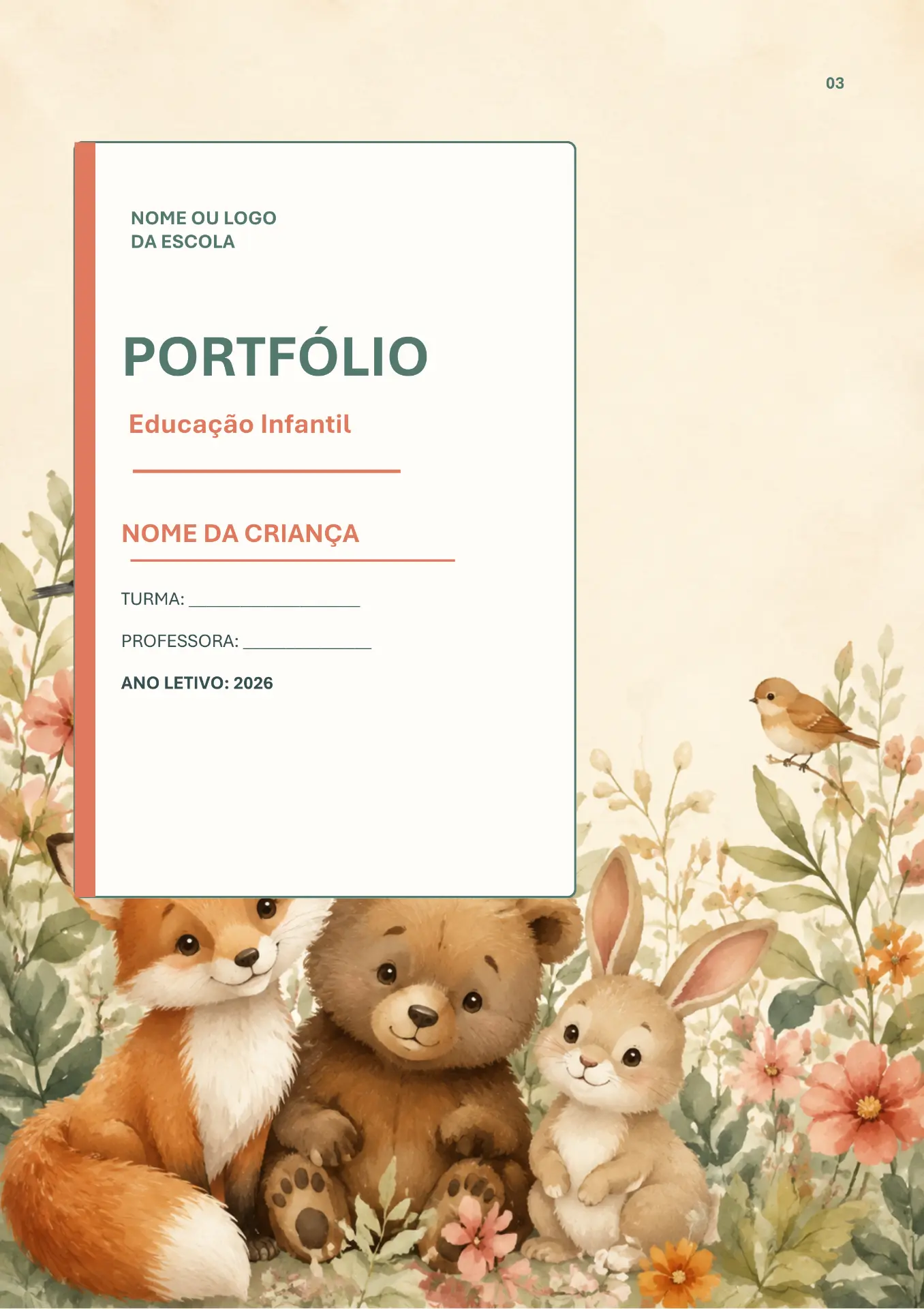 Capa de portfólio com bichinhos da floresta